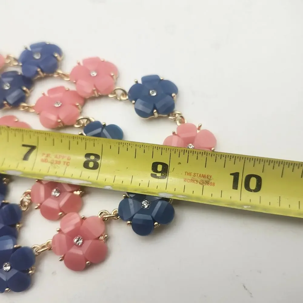 BOGOT Pink Navy Flower Statement Bib Necklace Earrings Set Gold Tone Rhinestone